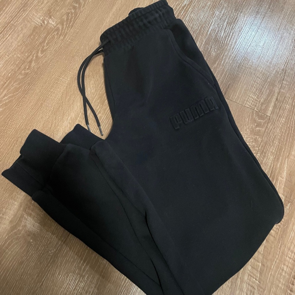 Puma Mens Joggers Small Black Cotton Blend Fleece Tonal Logo Fall Sweatpants